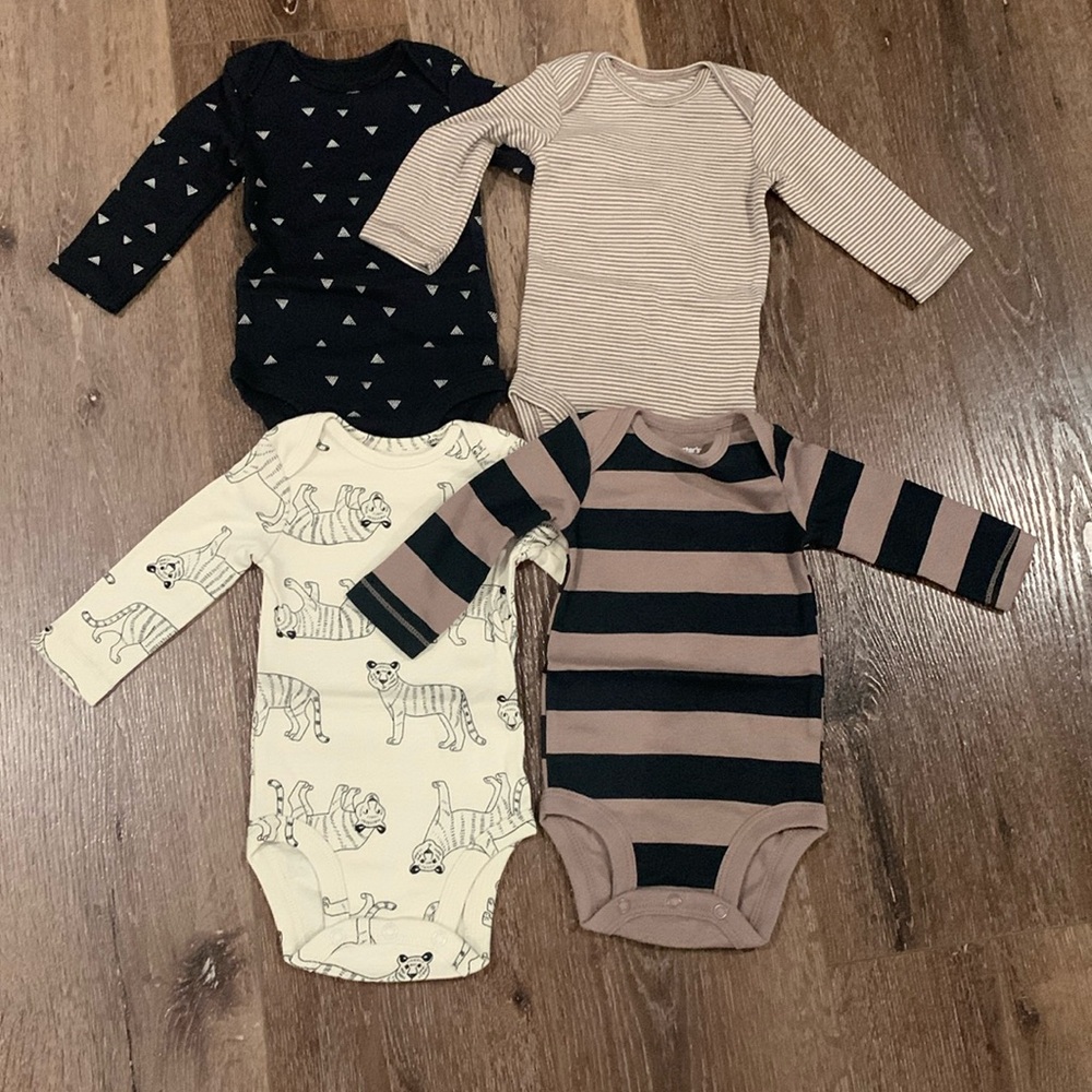 Baby Boy 3M Bodysuit Bundle 4 Pack Print Long Sleeve Tops Casual Carters. New!